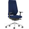 Blue office chair with mesh back, armrests and wheeled base.