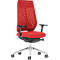 Red office chair with mesh back, black armrests, and silver base.