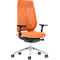 Orange office chair with mesh back and black armrests, details like wheels and metal base.