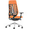 Office chair, orange with black mesh back and armrests, silver frame.