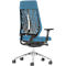 Blue office chair with mesh back, armrests, casters, photographed from behind.