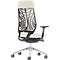 Office chair, back view, cream seat, black mesh, silver frame.