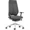 Gray office chair with mesh back, armrests and wheels. Angled view from the front.