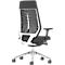 Office chair with white frame, grey mesh backrest, and black seat. Five casters. Rear view.