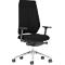Black office chair with mesh back and armrests. It stands against a neutral background.