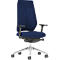 Blue office chair, mesh back, armrests, grey base.