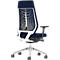 Blue office chair with white frame and silver base. The backrest is open and offers good seating comfort.