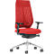 A red office chair with mesh back and black armrests. It stands on a silver base.