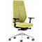 Office chair with high backrest and mesh in green. Black armrests, silver base with rollers.