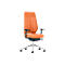 Orange office chair with black armrests and silver base, against a white background.
