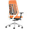 Orange office chair with white frame, black back, and silver base. Back with mesh structure.