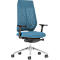 Blue office chair with mesh back and black armrests.