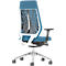 Blue office chair with white frame and mesh back. Black armrest, silver base with castors.