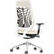 Office chair with white frame, black mesh back, and silver base.