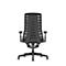 Back view of a black office chair with a mesh back and adjustable armrests. The chair stands on castors against a white background.