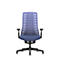 Blue office chair with mesh back and black armrests. The chair stands against a white background.