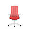Red office chair with mesh back, white armrests and castors. On a light background.