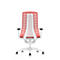 Red and white office chair, back view. The chair has a mesh back and white armrests.