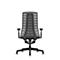 Black office chair from behind. The chair has a mesh backrest and armrests. It stands on a black base with castors.