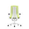 Office chair from the back: lime green back, white frame, black armrests and castors.