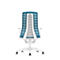 Back view of an ergonomic office chair. The chair has a white frame and blue accents. The seat is made of white mesh fabric.