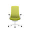 An ergonomic office chair with a green back and seat. The base and armrests are white.
