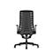 Black office chair with mesh back, armrests, and wheels against a white background.