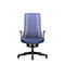 A blue office chair against a white background. The chair has a mesh back and armrests.