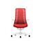 Office chair with red mesh back, white frame, and casters.