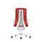 Office chair, rear view. Red mesh back, white frame, five castors, grey seat. On a white background.
