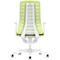 Back view of an ergonomic office chair with a white frame, green mesh backrest and armrests, on casters.