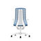 Back view of a white office chair with a blue mesh back and white armrests, set against a white background.