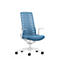 Office chair in light blue and white against a white background. The chair has a high back with a mesh structure and armrests.