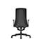 Black office chair, back view. High back, armrests, swivel base with castors.