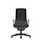 Black office chair, front view. High backrest, armrests, five castors.