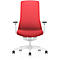 A red office chair with white armrests and a white base. The chair stands on casters.
