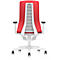 Red office chair, rear view: white frame, gray mesh backrest, and red seat.
