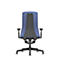 Back view of a blue office chair with black mesh back. The chair has armrests and stands on a black base with castors.