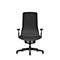 Black office chair, frontal view. High backrest, armrests, five casters.