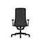 Black office chair from behind, armrests, backrest, castors, on a white background.