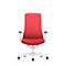 Red office chair with white frame and wheels, against a white background.