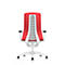Red office chair, back view. White frame, grey mesh back, black armrests and castors.