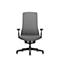 Grey office chair, front view, armrests, swivel base on castors.