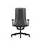Rear view of a modern office chair; grey with a black mesh back and armrests. On a white background.