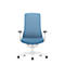 Blue office chair design with a white frame. The armrests are adjustable.