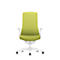 Green office chair with white frame. The chair has armrests and castors.