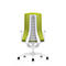 Back view of an ergonomic office chair; green padded backrest, white frame and base, castors.
