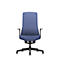 Blue office chair with black frame and armrests, isolated on a white background.