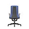 Back view of a blue office chair with a black frame and mesh back.