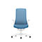 Office chair with blue seat and backrest, white frame and armrests, against a white background.
